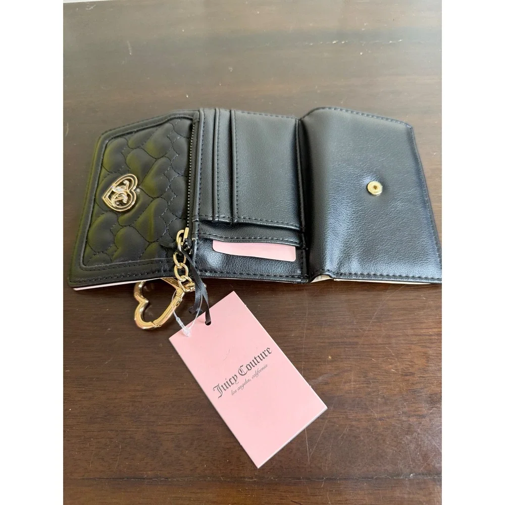 Juicy Couture Wallet Women's Black Quilted‎ Heart Trifold Charm NWT
